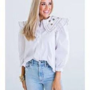 Karlie Floral Embroidered Poplin Large Collar Top Blouse in White